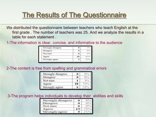 The Results of The Questionnaire
We distributed the questionnaire between teachers who teach English at the
first grade . The number of teachers was 25. And we analyze the results in a
table for each statement .
1-The information is clear, concise, and informative to the audience
2-The content is free from spelling and grammatical errors
3-The program helps individuals to develop their abilities and skills
 