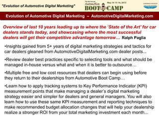 Evolution of Automotive Digital Marketing – AutomotiveDigitalMarketing.com
Overview of last 10 years leading up to where the ‘State of the Art’ for car
dealers stands today, and showcasing where the most successful
dealers will get their competitive advantage tomorrow… Ralph Paglia
•Insights gained from 5+ years of digital marketing strategies and tactics for
car dealers gleaned from AutomotiveDigitalMarketing.com dealer posts...
•Review dealer best practices specific to selecting tools and what should be
managed in-house versus what and when it is better to outsource…
•Multiple free and low cost resources that dealers can begin using before
they return to their dealerships from Automotive Boot Camp…
•Learn how to apply tracking systems to Key Performance Indicator (KPI)
measurement points that make managing a dealer’s digital marketing
strategy easier and simpler for dealers and general managers. You will also
learn how to use these same KPI measurement and reporting techniques to
make recommended budget allocation changes that will help your dealership
realize a stronger ROI from your total marketing investment each month...
"Evolution of Automotive Digital Marketing"
 