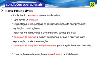 condições operacionais
 Itens Financiáveis
        implantação de viveiros de mudas florestais;
       operações de destoca;
       implantação e recuperação de cercas; aquisição de energizadores;
         aquisição, construção ou
         reformas de bebedouros e de saleiros ou cochos para sal;
       aquisição de animais e sêmen de bovinos, ovinos e caprinos, para
         reprodução, recria e terminação,
       aquisição de máquinas e equipamentos para a agricultura e/ou pecuária


       construção e modernização de benfeitorias e de instalações.
 