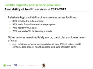Facility capacity and service provision
Availability of health services in 2011-2012
• Relatively high availability of key...