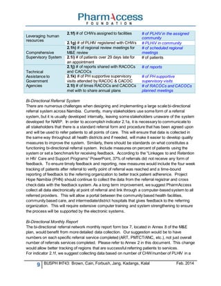9 BUSPH IH743: Brown, Cain, Forbush, Jang, Kadangs, Kalal Feb. 2014
Leveraging human
resources
2.1f) # of CHWs assigned to facilities # of PLHIV in the assigned
community
2.1g) # of PLHIV registered with CHWs # PLHIV in community
Comprehensive
Supervisory System
2.1h) # of regional review meetings for
M&E review
# of scheduled regional
meetings
2.1i) # of patients over 29 days late for
an appointment
# of patients
Technical
Assistance to
Government
Agencies
2.1j) # of reports shared with RACOCs
and CACOCs
# of reports
2.1k) # of PH supportive supervisory
visits attended by RACOC & CACOC
# of PH supportive
supervisory visits
2.1l) # of times RACOCs and CACOCs
met with to share annual plans
# of RACOCs and CACOCs
planned meetings
Bi-Directional Referral System
There are numerous challenges when designing and implementing a large scale bi-directional
referral system across Namibia. Currently, many stakeholders use some form of a referral
system, but it is usually developed internally, leaving some stakeholders unaware of the system
developed for NARP. In order to accomplish indicator 2.1a, it is necessary to communicate to
all stakeholders that there is a standard referral form and procedure that has been agreed upon
and will be used to refer patients to all points of care. This will ensure that data is collected in
the same way throughout all health districts and if needed, will make it easier to develop quality
measures to improve the system. Similarly, there should be standards on what constitutes a
functioning bi-directional referral system. Include measures on percent of patients using the
system or set a benchmark for receiving feedback. According to the “Linkages to and Retention
in HIV Care and Support Programs” PowerPoint, 37% of referrals did not receive any form of
feedback. To ensure timely feedback and reporting, new measures would include the four week
tracking of patients after referral to verify point of referral was reached and a time-bound
reporting of feedback to the referring organization to better track patient adherence. Project
Hope Namibia (PHN) should continue to collect the data from the referral registrar and cross
check data with the feedback system. As a long term improvement, we suggest PharmAccess
collect all data electronically at point of referral and link through a computer-based system to all
referred providers. This will allow a portal between the community based health facilities,
community based care, and intermediate/district hospitals that gives feedback to the referring
organization. This will require extensive computer training and system strengthening to ensure
the process will be supported by the electronic systems.
Bi-Directional Monthly Report
The bi-directional referral network monthly report form box 7, located in Annex 8 of the M&E
plan, would benefit from more detailed data collection. Our suggestion would be to have
numbers on each specific referral service completed (ART, PMTCT/ANC, etc.), not just overall
number of referrals services completed. Please refer to Annex 2 in this document. This change
would allow better tracking of regions that are successful referring patients to services.
For indicator 2.1f, we suggest collecting data based on number of CHW/number of PLHIV in a
 