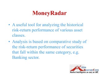 MoneyRadar
• A useful tool for analyzing the historical
risk-return performance of various asset
classes.
• Analysis is based on comparative study of
the risk-return performance of securities
that fall within the same category, e.g.
Banking sector.
 