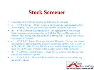 Stock Screener
• Generates a list of stocks meeting the following five criteria
• a) STEP 1: Sector – All the sectors in the Singapore stock market will be
included here. The user can choose any number of sectors from here.
• b) STEP 2: Broker Recommendation – An aggregation of the average
broker recommendations compiled by BARRA. There will be six criteria
namely: Any, Strong Buy, Buy. Hold, Sell, Strong Sell. The user can choose
any number of options.
• c) STEP 3: PE Ratio – These are historical PE ratios. The user can choose
any number of options from the available six options namely: Any, 0 to 10, 10
to 20, 20 to 50, 50 to 100 and 100 and above. A table showing the average
high, low of PE ratios of stocks in the selected sector will be displayed.
• d) STEP 4: Investment Budget – There will be 6 choices and the user can
choose any number of options.
• e) STEP 5: Risk – There will be six choices and the user can choose any
number of options.
 