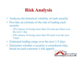 Risk Analysis
• Analyzes the historical volatility of each security
• Provides an estimate of the risk of trading each
security
– 10% chance of losing more than 10 cents per share over
the next 1 day
– 30% chance of losing more than 50 cents over the next
5 days
• Estimated trading range over the next 1-5 days
• Determine whether a security is considered risky
based on each customer’s risk appetite
 