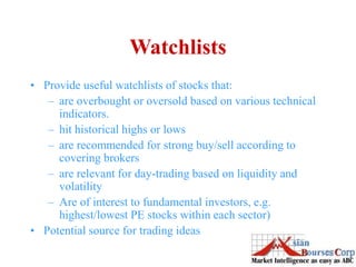 Watchlists
• Provide useful watchlists of stocks that:
– are overbought or oversold based on various technical
indicators.
– hit historical highs or lows
– are recommended for strong buy/sell according to
covering brokers
– are relevant for day-trading based on liquidity and
volatility
– Are of interest to fundamental investors, e.g.
highest/lowest PE stocks within each sector)
• Potential source for trading ideas
 