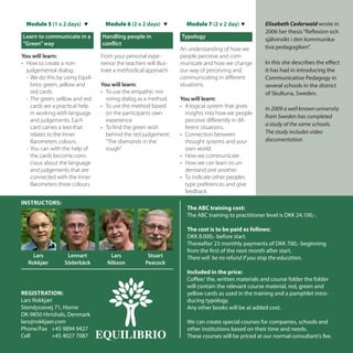 Module 5 (1 x 2 days)              Module 6 (2 x 2 days)            Module 7 (2 x 2 day)            Elisabeth Cederwald wrote in
                                                                                                         2006 her thesis “Reflexion och
Learn to communicate in a           Handling people in                Typology                           självinsikt i den kommunika-
”Green” way                         conflict
                                                                      An	understanding	of	how	we	        tiva pedagogiken”.
You will learn:                     From	your	personal	expe-          people	perceive	and	com-
•	 How	to	create	a	non-             rience	the	teachers	will	illus-   municate	and	how	we	change	        In this she describes the effect
	 judgemental	dialog.               trate	a	methodical	approach.      our	way	of	perceiving	and	         it has had in introducing the
	 -		We	do	this	by	using	Equili-	                                     communicating	in	different	        Communicative Pedagogy in
   	 brios	green,	yellow	and		      You will learn:                   situations.                        several schools in the district
   	 red	cards.                     •		 To	use	the	empathic	mir-                                         of Skultuna, Sweden.
	 -		The	green,	yellow	and	red		        roring	dialog	as	a	method.    You will learn:
   	 cards	are	a	practical	help		   •		 To	use	the	method	based	      •	 A	logical	system	that	gives	    In 2009 a well known university
   	 in	working	with	language		         on	the	participants	own	         insights	into	how	we	people	
                                                                                                         from Sweden has completed
   	 and	judgements.	Each			            experience.                      perceive	differently	in	dif-
                                                                                                         a study of the same schools.
   	 card	carries	a	text	that		     •	 To	find	the	green	wish	           ferent	situations.
	 	 relates	to	the	Inner	               behind	the	red	judgement:	    •	 Connection	between	             The study includes video
	 	 Barometers	colours.                 “The	diamonds	in	the	            thought	systems	and	your	       documentation.
	 -		You	can	with	the	help	of	          rough”.                          own	world.
	 	 the	cards	become	cons-                                            •	 How	we	communicate.
	 	 cious	about	the	language	                                         •	 How	we	can	learn	to	un-
	 	 and	judgements	that	are	                                             derstand	one	another.
	 	 connected	with	the	Inner	                                         •	 To	indicate	other	peoples	
	 	 Barometers	three	colours.                                            type	preferences	and	give	
                                                                         feedback.
InsTruCTors:
                                                                        The ABC training cost:
                                                                        The ABC training to practitioner level is DKK 24.100,-.

                                                                        The cost is to be paid as follows:
                                                                        DKK 8.000,- before start.
                                                                        Thereafter 23 monthly payments of DKK 700,- beginning
                                                                        from the first of the next month after start.
     Lars           Lennart             Lars             Stuart         There will be no refund if you stop the education.
   Rokkjær         Söderbäck           Nilsson          Peacock
                                                                        Included in the price:
                                                                        Coffee/ the, written materials and course folder the folder
                                                                        will contain the relevant course material, red, green and
regIsTrATIon:                                                           yellow cards as used in the training and a pamphlet intro-
Lars Rokkjær                                                            ducing typology.
Stendyssevej 71, Horne                                                  Any other books will be at added cost.
DK-9850 Hirtshals, Denmark
lars@rokkjaer.com                                                       We can create special courses for companies, schools and

                                    EQUILIBRIO
Phone/Fax +45 9894 9427                                                 other institutions based on their time and needs.
Cell        +45 4027 7087                                               These courses will be priced at our normal consultant’s fee.
 