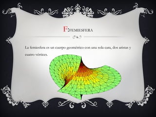 F:FEMIESFERA
La femiesfera es un cuerpo geométrico con una sola cara, dos aristas y
cuatro vértices.
 