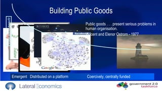 Building Public Goods Emergent  Distributed on a platform   Coercively, centrally funded Public goods . . . present serious problems in human organisation. Vincent and Elenor Ostrom - 1977 Total social benefit 