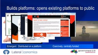 Emergent  Distributed on a platform   Coercively, centrally funded Builds platforms: opens existing platforms to public 