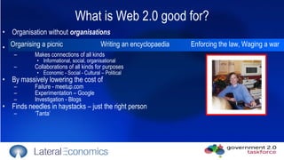 What is Web 2.0 good for? ,[object Object],[object Object],[object Object],[object Object],[object Object],[object Object],[object Object],[object Object],[object Object],[object Object],[object Object],[object Object],Organising a picnic Writing an encyclopaedia Enforcing the law, Waging a war 