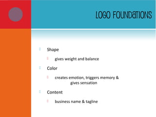 LOGO FOUNDATIONS
 Shape
 gives weight and balance
 Color
 creates emotion, triggers memory &
gives sensation
 Content
 business name & tagline
 