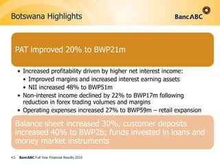 Operations Summary17 Retail branches as of nowStaff compliment now 39ABCH  Group693 EmployeesBotswanaMozambiqueTanzaniaZambiaZimbabweSouth AfricaBancABC Botswana106 EmployeesBancABC Mozambique102 EmployeesBancABC Tanzania81 EmployeesBancABC   Zambia125 EmployeesBancABC Zimbabwe232 EmployeesBancABC South Africa47 Employees100%100%100%100%81%100%