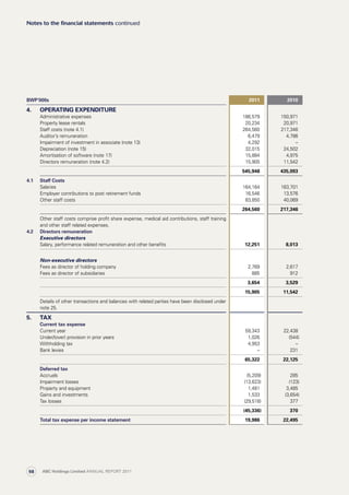 Notes to the financial statements continued
BWP’000s 2011 2010
4. OPERATING EXPENDITURE
Administrative expenses 186,579 150,971
Property lease rentals 20,234 20,971
Staff costs (note 4.1) 264,560 217,346
Auditor’s remuneration 6,479 4,786
Impairment of investment in associate (note 13) 4,292 –
Depreciation (note 15) 32,015 24,502
Amortisation of software (note 17) 15,884 4,975
Directors remuneration (note 4.2) 15,905 11,542
545,948 435,093
4.1 Staff Costs
Salaries 164,164 163,701
Employer contributions to post retirement funds 16,546 13,576
Other staff costs 83,850 40,069
264,560 217,346
Other staff costs comprise profit share expense, medical aid contributions, staff training
and other staff related expenses.
4.2 Directors remuneration
Executive directors
Salary, performance related remuneration and other benefits 12,251 8,013
Non-executive directors
Fees as director of holding company 2,769 2,617
Fees as director of subsidiaries 885 912
3,654 3,529
15,905 11,542
Details of other transactions and balances with related parties have been disclosed under
note 25.
5. TAX
Current tax expense
Current year 59,343 22,438
Under/(over) provision in prior years 1,026 (544)
Withholding tax 4,953 –
Bank levies – 231
65,322 22,125
Deferred tax
Accruals (5,209) 285
Impairment losses (13,623) (123)
Property and equipment 1,481 3,485
Gains and investments 1,533 (3,654)
Tax losses (29,518) 377
(45,336) 370
Total tax expense per income statement 19,986 22,495
ABC Holdings Limited ANNUAL REPORT 201198
 