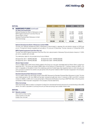 BWP’000s 2011 Fair value 2010 Fair value
19. BORROWED FUNDS (continued)
(b) Other borrowed funds
National Development Bank of Botswana Limited 125,212 152,466 121,080 124,961
BIFM Capital Investment Fund One (Pty) Ltd 255,862 315,168 257,328 322,630
Afrexim Bank Limited 112,063 112,063 – –
Standard Chartered Bank Botswana Limited 37,445 37,445 32,248 32,248
Other borrowings – – 16,372 16,372
530,582 617,142 427,028 496,211
National Development Bank of Botswana Limited (NDB)
The loan from National Development Bank of Botswana is denominated in Japanese Yen and attracts interest at 3.53% per
annum. Principal and interest is payable semi-annually on 15 June and 15 December. The loan matures on 15 December 2016.
BIFM Capital Investment Fund One (Pty) Ltd
The loan from BIFM Capital Investment Fund One (Pty) Ltd is denominated in Botswana Pula and attracts interest at 11.63%
per annum, payable semi annually.
The redemption dates for the principal amount are as follows:
30 September 2017 – BWP62,500,000        30 September 2018 – BWP62,500,000
30 September 2019 – BWP62,500,000        30 September 2020 – BWP62,500,000
Afrexim Bank Limited
This is a US$50 million trade finance facility availed to the Group on a one year renewable basis by Afrexim Bank Limited from
September 2011. The Group had utilised US$28 million of this facility at 31 December 2011. It attracts interest at LIBOR + 4%
and it is repayable on the earlier of when the underlying customers funded repay their respective loans or within one year, but
with a provision to extend it for another one year period. Only the portion related to ABCH has been recognised in the Company
financial statements.
Standard Chartered Bank Botswana Limited
This is a US$15 million one year facility issued to BancABC Botswana by Standard Chartered Bank Botswana Limited. The loan
was initially granted on 22 June 2006 and has been renewed annually ever since. It matures on 30th June 2012. It attracts
interest of LIBOR + 3.39% and it is secured by Bank of Botswana Certificates amounting to BWP109 million. Only the portion
syndicated to ABCH has been recognised in the Company financial statements.
Other borrowings
Other borrowings relate to medium- to long-term funding from international financial institutions for onward lending to BancABC
clients. Fair value is equivalent to carrying amounts as these borrowings have variable interest rates.
BWP’000s 2011 2010
19.1 Maturity analysis
One month to three months 8,550 7,328
Three months to one year 177,003 10,081
Greater than one year 429,648 409,619
615,201 427,028
127
 