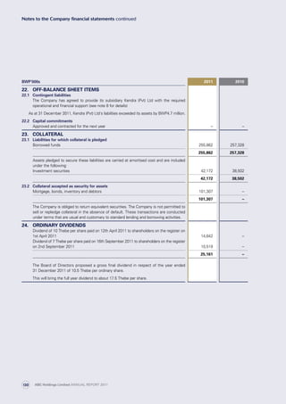 BWP’000s 2011 2010
22. OFF-BALANCE SHEET ITEMS
22.1 Contingent liabilities
The Company has agreed to provide its subsidiary Kendra (Pvt) Ltd with the required
operational and financial support (see note 8 for details)
As at 31 December 2011, Kendra (Pvt) Ltd's liabilities exceeded its assets by BWP4.7 million.
22.2 Capital commitments
Approved and contracted for the next year ­– –
23. COLLATERAL
23.1 Liabilities for which collateral is pledged
Borrowed funds 255,862 257,328
255,862 257,328
Assets pledged to secure these liabilities are carried at amortised cost and are included
under the following:
Investment securities 42,172 38,502
42,172 38,502
23.2 Collateral accepted as security for assets
Mortgage, bonds, inventory and debtors 101,307 –
101,307 –
The Company is obliged to return equivalent securities. The Company is not permitted to
sell or repledge collateral in the absence of default. These transactions are conducted
under terms that are usual and customary to standard lending and borrowing activities.
24. ORDINARY DIVIDENDS
Dividend of 10 Thebe per share paid on 12th April 2011 to shareholders on the register on
1st April 2011 14,642 –
Dividend of 7 Thebe per share paid on 16th September 2011 to shareholders on the register
on 2nd September 2011 10,519 –
25,161 –
The Board of Directors proposed a gross final dividend in respect of the year ended
31 December 2011 of 10.5 Thebe per ordinary share.
This will bring the full year dividend to about 17.5 Thebe per share.
Notes to the Company financial statements continued
ABC Holdings Limited ANNUAL REPORT 2011130
 
