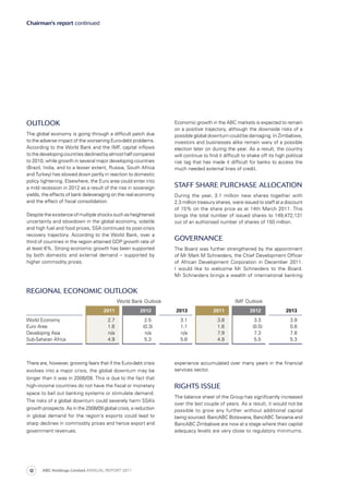 Chairman’s report continued
Outlook
The global economy is going through a difficult patch due
to the adverse impact of the worsening Euro-debt problems.
According to the World Bank and the IMF, capital inflows
to the developing countries declined by almost halfcompared
to 2010, while growth in several major developing countries
(Brazil, India, and to a lesser extent, Russia, South Africa
and Turkey) has slowed down partly in reaction to domestic
policy tightening. Elsewhere, the Euro area could enter into
a mild recession in 2012 as a result of the rise in sovereign
yields, the effects of bank deleveraging on the real economy
and the effect of fiscal consolidation.
Despite the existence of multiple shocks such as heightened
uncertainty and slowdown in the global economy, volatile
and high fuel and food prices, SSA continued its post-crisis
recovery trajectory. According to the World Bank, over a
third of countries in the region attained GDP growth rate of
at least 6%. Strong economic growth has been supported
by both domestic and external demand – supported by
higher commodity prices.
There are, however, growing fears that if the Euro-debt crisis
evolves into a major crisis, the global downturn may be
longer than it was in 2008/09. This is due to the fact that
high-income countries do not have the fiscal or monetary
space to bail out banking systems or stimulate demand.
The risks of a global downturn could severely harm SSA’s
growth prospects. As in the 2008/09 global crisis, a reduction
in global demand for the region’s exports could lead to
sharp declines in commodity prices and hence export and
government revenues.
Economic growth in the ABC markets is expected to remain
on a positive trajectory, although the downside risks of a
possible global downturn could be damaging. In Zimbabwe,
investors and businesses alike remain wary of a possible
election later on during the year. As a result, the country
will continue to find it difficult to shake off its high political
risk tag that has made it difficult for banks to access the
much needed external lines of credit.
Staff share purchase allocation
During the year, 3.1 million new shares together with
2.3 million treasury shares, were issued to staff at a discount
of 15% on the share price as at 14th March 2011. This
brings the total number of issued shares to 149,472,131
out of an authorised number of shares of 150 million.
Governance
The Board was further strengthened by the appointment
of Mr Mark M Schneiders, the Chief Development Officer
of African Development Corporation in December 2011.
I would like to welcome Mr Schneiders to the Board.
Mr Schneiders brings a wealth of international banking
Regional Economic Outlook
World Bank Outlook IMF Outlook
2011 2012 2013 2011 2012 2013
World Economy 2.7 2.5 3.1 3.8 3.3 3.9
Euro Area 1.6 (0.3) 1.1 1.6 (0.5) 0.8
Developing Asia n/a n/a n/a 7.9 7.3 7.8
Sub-Saharan Africa 4.9 5.3 5.6 4.9 5.5 5.3
experience accumulated over many years in the financial
services sector.
Rights issue
The balance sheet of the Group has significantly increased
over the last couple of years. As a result, it would not be
possible to grow any further without additional capital
being sourced. BancABC Botswana, BancABC Tanzania and
BancABC Zimbabwe are now at a stage where their capital
adequacy levels are very close to regulatory minimums.
ABC Holdings Limited ANNUAL REPORT 201112
 