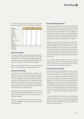 Risk and Audit Committee
The Risk and Audit Committee is chaired by Mr N Kudenga
who is an independent non-executive director. The committee
adopted the terms of reference for both the Risk Committee
and Audit Committee as detailed in the King Reports on
Corporate Governance. In particular, it assists the Board in
the discharge of its duties relating to financial reporting to all
stakeholders,compliance,riskmanagementandtheeffective­
ness of accounting and management information systems.
Meetings are held regularly throughout the year and are
attended by external and internal auditors, as well as senior
executive managers. The committee met four times in 2011.
Issues addressed included reviewing accounting policies,
implementing Basel II, disposing of certain Group assets,
capital raising initiatives, the internal audit ratings policy, IT
connectivity issues, business continuity planning, financial
reporting, operational risks, capital adequacy and compliance,
among others.
The committee considered whether the Company and the
Group are going concerns, recommending that the Board
endorse a statement to this effect and that the financial
statements prepared on this basis be approved.
Loans Review Committee
The Loans Review Committee comprises two non-executive
directors and is chaired by Mrs D Khama. In accordance with
its terms of reference, the committee’s principal function
is to review and report to the Board on the Group’s loan
port­folio at least quarterly. The committee places specific
emphasis on ensuring conformity of the loan portfolio and
lending function to a sound documented lending policy. It
also periodically reviews the maximum loan authority limits
for each Group lending authority as well as write-offs within
the Group. The committee is further tasked with the quarterly
review of the adequacy of provisions made with respect
to loans and makes recommendations to the Board in this
regard.
The committee met four times in 2011 and issues addressed
included the review of Group and country credit policies and
guidelines to ensure that these meet best international banking
practice, as well as the delinquent loan recovery strategy and
adequacy of Group provisions.
Four Board meetings were conducted during the year.
Directors’ attendance of these meetings was as follows:
Director March June Aug Dec
Buttery P P P P
Khama P P P P
Kudenga P P P P
Munatsi P P P P
Wasmus P P P P
Ipe P P * *
Shyam-Sunder P P P P
Moyo P P P P
Dzanya P P P P
Schneiders n/a n/a n/a P
P: Present
A: Absent
*: Resigned
Board committees
The Board is assisted in discharging its responsibilities by a
number of sub-committees. Sub-committees are accountable
to the Board, with minutes of sub-committee meetings circu­
lated and reported on at the following Board meeting. Senior
executives are invited to attend meetings as appropriate.
Board committees may make use of external professional
advisers when necessary to discharge specific tasks.
Executive Committee
The Executive Committee (EXCO) assists the CEO in man­
aging the Group and implementing strategy, policies and
procedures, subject to the Board’s limitations on delegation
to the CEO. The CEO’s authority in managing the Group is
unrestricted. EXCO assists the CEO in managing the Group
and setting the overall direction of the business of the Group,
and acts as a medium for communication and coordination
between business units and Group companies, and the Board.
EXCO meetings are conducted monthly.
The following divisional and functional heads comprise EXCO:
CEO (Chairman), Chief Operating Officer, Chief Financial
Officer, Chief Risk Officer and the Managing Director of
BancABC Zimbabwe.
EXCO also considers non-remuneration aspects of human
resources management such as succession planning and
skills development.
37
 