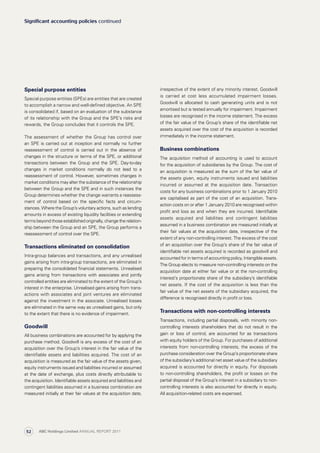 irrespective of the extent of any minority interest. Goodwill
is carried at cost less accumulated impairment losses.
Goodwill is allocated to cash generating units and is not
amortised but is tested annually for impairment. Impairment
losses are recognised in the income statement. The excess
of the fair value of the Group’s share of the identifiable net
assets acquired over the cost of the acquisition is recorded
immediately in the income statement.
Business combinations
The acquisition method of accounting is used to account
for the acquisition of subsidiaries by the Group. The cost of
an acquisition is measured as the sum of the fair value of
the assets given, equity instruments issued and liabilities
incurred or assumed at the acquisition date. Transaction
costs for any business combinations prior to 1 January 2010
are capitalised as part of the cost of an acquisition. Trans­
action costs on or after 1 January 2010 are recognised within
profit and loss as and when they are incurred. Identifiable
assets acquired and liabilities and contingent liabilities
assumed in a business combination are measured initially at
their fair values at the acquisition date, irrespective of the
extent of any non-controlling interest. The excess of the cost
of an acqui­sition over the Group’s share of the fair value of
identifiable net assets acquired is recorded as goodwill and
accounted for in terms of accounting policy, Intangible assets.
The Group elects to measure non-controlling interests on the
acquisition date at either fair value or at the non-controlling
interest’s proportionate share of the subsidiary’s identifiable
net assets. If the cost of the acquisition is less than the
fair value of the net assets of the subsidiary acquired, the
difference is recognised directly in profit or loss.
Transactions with non-controlling interests
Transactions, including partial disposals, with minority non-
controlling interests shareholders that do not result in the
gain or loss of control, are accounted for as transactions
with equity holders of the Group. For purchases of additional
interests from non-controlling interests, the excess of the
purchase consideration over the Group’s proportionate share
of the subsidiary’s additional net asset value of the subsidiary
acquired is accounted for directly in equity. For disposals
to non-controlling shareholders, the profit or losses on the
partial disposal of the Group’s interest in a subsidiary to non-
controlling interests is also accounted for directly in equity.
All acquisition-related costs are expensed.
Special purpose entities
Special purpose entities (SPEs) are entities that are created
to accomplish a narrow and well-defined objective. An SPE
is consolidated if, based on an evaluation of the substance
of its relationship with the Group and the SPE’s risks and
rewards, the Group concludes that it controls the SPE.
The assessment of whether the Group has control over
an SPE is carried out at inception and normally no further
reassessment of control is carried out in the absence of
changes in the structure or terms of the SPE, or additional
transactions between the Group and the SPE. Day-to-day
changes in market conditions normally do not lead to a
reassessment of control. However, sometimes changes in
market conditions may alter the substance of the relationship
between the Group and the SPE and in such instances the
Group determines whether the change warrants a reassess­
ment of control based on the specific facts and circum­
stances. Where the Group’s voluntary actions, such as lending
amounts in excess of existing liquidity facilities or extending
terms beyond those established originally, change the relation­
­ship between the Group and an SPE, the Group performs a
reassessment of control over the SPE.
Transactions eliminated on consolidation
Intra-group balances and transactions, and any unrealised
gains arising from intra-group transactions, are eliminated in
preparing the consolidated financial statements. Unrealised
gains arising from transactions with associates and jointly
controlled entities are eliminated to the extent of the Group’s
interest in the enterprise. Unrealised gains arising from trans­
actions with associates and joint ventures are eliminated
against the investment in the associate. Unrealised losses
are eliminated in the same way as unrealised gains, but only
to the extent that there is no evidence of impairment.
Goodwill
All business combinations are accounted for by applying the
purchase method. Goodwill is any excess of the cost of an
acquisition over the Group’s interest in the fair value of the
identifiable assets and liabilities acquired. The cost of an
acquisition is measured as the fair value of the assets given,
equity instruments issued and liabilities incurred or assumed
at the date of exchange, plus costs directly attributable to
the acquisition. Identifiable assets acquired and liabilities and
contingent liabilities assumed in a business combination are
measured initially at their fair values at the acquisition date,
Significant accounting policies continued
ABC Holdings Limited ANNUAL REPORT 201152
 