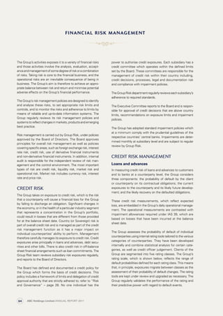 power to authorise credit exposures. Each subsidiary has a
credit committee which operates within the defined limits
set by the Board. These committees are responsible for the
management of credit risk within their country including,
credit decisions, processes, legal and documentation risk
and compliance with impairment policies.
TheGroupRiskdepartmentregularlyreviewseachsubsidiary’s
adherence to required standards.
The Executive Committee reports to the Board and is respon­
sible for approval of credit decisions that are above country
limits, recommendations on exposure limits and impairment
policies.
The Group has adopted standard impairment policies which
at a minimum comply with the prudential guidelines of the
respective countries’ central banks. Impairments are deter­
mined monthly at subsidiary level and are subject to regular
review by Group Risk.
Credit risk management
Loans and advances
In measuring credit risk of loans and advances to customers
and to banks at a counterparty level, the Group considers
three components: the probability of default by the client
or counterparty on its contractual obligations; the current
exposures to the counterparty and its likely future develop­
ment; and the likely recovery on the defaulted obligations.
These credit risk measurements, which reflect expected
loss, are embedded in the Group’s daily operational manage­
ment. The operational measurements are contrasted with
impairment allowances required under IAS 39, which are
based on losses that have been incurred at the balance
sheet date.
The Group assesses the probability of default of individual
counterparties using internal rating tools tailored to the various
categories of counterparties. They have been developed
inter­nally and combine statistical analysis for certain cate­
gories, as well as credit officer judgement. Clients of the
Group are segmented into five rating classes. The Group’s
rating scale, which is shown below, reflects the range of
default probabilities defined for each rating class. This means
that, in principle, exposures migrate between classes as the
assessment of their probability of default changes. The rating
tools are kept under review and upgraded as necessary. The
Group regularly validates the performance of the rating and
their predictive power with regard to default events.
financial risk management
The Group’s activities exposes it to a variety of financial risks
and those activities involve the analysis, evaluation, accept­
anceandmanagementofsomedegreeofriskoracombination
of risks. Taking risk is core to the financial business, and the
operational risks are an inevitable consequence of being in
business. The Group’s aim is therefore to achieve an appro­
priate balance between risk and return and minimise potential
adverse effects on the Group’s financial performance.
The Group’s risk management policies are designed to identify
and analyse these risks, to set appropriate risk limits and
controls, and to monitor the risks and adherence to limits by
means of reliable and up-to-date information systems. The
Group regularly reviews its risk management policies and
systemstoreflectchangesinmarkets,productsandemerging
best practice.
Risk management is carried out by Group Risk, under policies
approved by the Board of Directors. The Board approves
principles for overall risk management as well as policies
covering specific areas, such as foreign exchange risk, interest
rate risk, credit risk, use of derivative financial instruments
and non-derivative financial instruments. In addition, internal
audit is responsible for the independent review of risk man­
age­ment and the control environment. The most important
types of risk are credit risk, liquidity risk, market risk and
operational risk. Market risk includes currency risk, interest
rate and price risk.
Credit risk
The Group takes on exposure to credit risk, which is the risk
that a counterparty will cause a financial loss for the Group
by failing to discharge an obligation. Significant changes in
the economy, or in the health of a particular industry segment
that represents a concentration in the Group’s portfolio,
could result in losses that are different from those provided
for at the balance sheet date. Country (or Sovereign) risk is
part of overall credit risk and is managed as part of the credit
risk management function as it has a major impact on
indi­vidual counterparties’ ability to perform. Management
there­fore carefully manages its exposure to credit risk. Credit
exposures arise principally in loans and advances, debt secu­
rities and other bills. There is also credit risk in off-balance
sheet financial arrangements such as loan commitments. The
Group Risk team reviews subsidiary risk exposures regularly,
and reports to the Board of Directors.
The Board has defined and documented a credit policy for
the Group which forms the basis of credit decisions. This
policy includes a framework of limits and delegation of credit
approval authority that are strictly adhered to; refer to “Risk
and Governance” – page 28. No one individual has the
ABC Holdings Limited ANNUAL REPORT 201164
 