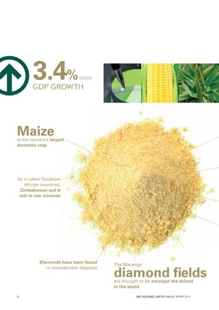 ABC HOLDINGS LIMITED ANNUAL REPORT 2013
Maizeis the country’s largest
domestic crop
as in other Southern
african countries,
Zimbabwean soil is
rich in raw minerals
Diamonds have been found
in considerable deposits
the Marange
diamond ﬁeldsare thought to be amongst the richest
in the world
3.4%(2013)
GDP GROWTH
22
 