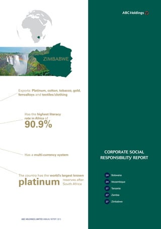 CORpORATE SOCiAL
RESpONSiBiLiTy REpORT
24 Botswana
24 Mozambique
27 Tanzania
27 Zambia
27 Zimbabwe
has the highest literacy
rate in Africa of
90.9%
has a multi-currency system
Exports: Platinum, cotton, tobacco, gold,
ferroalloys and textiles/clothing
the country has the world’s largest known
platinum reserves after
South africa
ZIMBABWE
ABC HOLDINGS LIMITED ANNUAL REPORT 2013 23
 