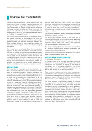 authorise credit exposures. Each subsidiary has a Credit
Committee which operates within the defined limits set by the
Board. These committees are responsible for the management
of credit risk within their country, including credit decisions,
processes, legal and documentation risk and compliance with
impairment policies.
The Group Risk department regularly reviews each subsidiary’s
adherence to required standards.
The Executive Committee reports to the Board and is
responsible for approval of credit decisions that are above
country limits, recommendations on exposure limits and
impairment policies. There is also a Board Credit Committee
that approves any loans above the EXCO limit.
The Group has adopted standard impairment policies which
at a minimum comply with the prudential guidelines of the
respective countries’ central banks.
Impairments are determined monthly at subsidiary level and are
subject to regular review by Group Risk.
Credit risk management
Loans and advances
In measuring credit risk of loans and advances to customers
and to banks at a counterparty level, the Group considers three
components: the probability of default by the client or
counterparty on its contractual obligations; the current
exposures to the counterparty and its likely future development;
and the likely recovery on the defaulted obligations.
These credit risk measurements, which reflect expected loss,
are embedded in the Group’s daily operational management.
The operational measurements are contrasted with impairment
allowances required under IAS 39, which are based on losses
that have been incurred at the reporting date.
The Group assesses the probability of default of individual
counterparties using internal rating tools tailored to the various
categories of counterparties. They have been developed
internally and combine statistical analysis for certain categories,
as well as credit officer judgement. Clients of the Group are
segmented into five rating classes. The Group’s rating scale,
which is shown below, reflects the range of default probabilities
defined for each rating class. This means that, in principle,
exposures migrate between classes as the assessment of their
probability of default changes. The rating tools are kept under
review and upgraded as necessary. The Group regularly
validates the performance of the rating and their predictive
power with regard to default events.
The Group’s activities expose it to a variety of financial risks and
those activities involve the analysis, evaluation, acceptance and
management of some degree of risk or a combination of risks.
Taking risk is core to the financial business, and the operational
risks are an inevitable consequence of being in business. The
Group’s aim is therefore to achieve an appropriate balance
between risk and return and minimise potential adverse effects
on the Group’s financial performance.
The Group’s risk management policies are designed to identify
and analyse these risks, to set appropriate risk limits and
controls, and to monitor the risks and adherence to limits by
means of reliable and up-to-date information systems. The
Group regularly reviews its risk management policies and
systems to reflect changes in markets, products and emerging
best practice.
Risk management is carried out by Group Risk, under policies
approved by the Board of Directors. The Board approves
principles for overall risk management as well as policies
covering specific areas, such as foreign exchange risk, interest
rate risk, credit risk, use of derivative financial instruments and
non-derivative financial instruments. In addition, Internal Audit is
responsible for the independent review of risk management
and the control environment. The most important types of risk
are credit risk, liquidity risk, market risk and operational risk.
Market risk includes currency risk, interest rate and price risk.
Credit risk
The Group takes on exposure to credit risk, which is the risk
that a counterparty will cause a financial loss for the Group by
failing to discharge an obligation. Significant changes in the
economy, or in the health of a particular industry segment that
represents a concentration in the Group’s portfolio, could result
in losses that are different from those provided for at the
reporting date. Country (or Sovereign) risk is part of overall
credit risk and is managed as part of the credit risk management
function as it has a major impact on individual counterparties’
ability to perform. Management therefore carefully manages its
exposure to credit risk. Credit exposures arise principally in
loans and advances, debt securities and other bills.There is also
credit risk in off-balance sheet financial arrangements such as
loan commitments. The Group Risk team reviews subsidiary
risk exposures regularly, and reports to the Board of Directors.
The Board has defined and documented a credit policy for the
Group which forms the basis of credit decisions. This policy
includes a framework of limits and delegation of credit approval
authority which are strictly adhered to; refer to “Risk and
Governance” on page 30. No one individual has the power to
ABC HOLDINGS LIMITED ANNUAL REPORT 201362
Financial risk management
ANNUAL FINANCIAL STATEMENTS continued
 