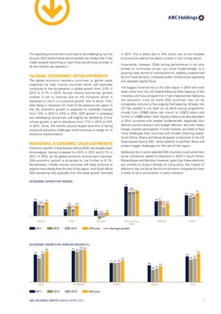 in 2012. This is partly due to SA’s closer ties to the troubled
Euro-zone as well as the labour unrests in the mining sector.
Importantly, however, SSA’s strong performance is not only
limited to commodity prices, but more fundamentally, to a
growing track record of macroeconomic stability underpinned
by firm local demand, increased public infrastructure spending
and elevated capital flows.
The biggest external risk to the SSA region in 2014 will more
likely come from the US Federal Reserve (Fed) tapering of the
monetary stimulus programme it had implemented following
the economic crisis as some SSA countries may not be
completely immune to the ongoing Fed tapering. Already, the
US has started to cut back on its bond buying programme,
initially from US$85 billion per month to US$75 billion and
further to US$65 billion. With liquidity likely to be less abundant
in 2014, countries with weaker fundamentals, especially twin
deficits (current account and budget deficits), and with heavy
foreign investor participation in local markets, are likely to face
more challenges than countries with smaller financing needs.
South Africa, Ghana and Kenya all appear to be prone to the US
Quantitative Easing (QE), while volatility of portfolio flows will
present bigger challenges for the rest of the region.
Additional risk to some selected SSA countries could come from
some turbulence related to elections in 2014 in South Africa,
Mozambique and Namibia. However, given that these elections
are unlikely to bring a change of ruling party, the impact of
elections may not be as harmful to economic progress as there
is likely to be a continuation in policy direction.
The operating environment continued to be challenging, but the
Group’s 2013 performance demonstrates the strides that it has
made towards becoming a major financial services provider in
all the markets we operate in.
Global Economic Developments
The global economic recovery continues to gather pace,
supported by high income countries which will positively
contribute to the acceleration in global growth from 3.0% in
2013 to 3.7% in 2014. Across mature economies, growth
outlook is set to improve due to the Eurozone which is
expected to return to a positive growth rate of about 1.0%,
after being in recession for most of the previous two years. In
the US, economic growth is expected to markedly improve
from 1.9% in 2013 to 2.8% in 2014. GDP growth in emerging
and developing economies will slightly be dented by China,
whose growth is set to slowdown from 7.7% in 2013 to 7.5%
in 2014. China, the world’s second largest economy is facing
structural and policy challenges which continue to weigh on its
economic transformation.
Regional Economic Developments
Economic growth in Sub-Saharan Africa (SSA) has broadly been
encouraging, having increased by 4.8% in 2012 and 5.1% in
2013. In 2014, as the global economic environment improves,
SSA economic growth is projected to rise further to 6.1%.
Nonetheless, middle income countries will likely continue to
expand more slowly than the rest of the region, with South Africa
(SA) recovering only gradually from the weak growth recorded
ECONOMIC GROWTH BY REGION
20132011 2012 2014 proj
World USA Europe Developing
Asia
MENA SSA
3.9 3.7
3.4
2.8 2.8
2.3
1.5
(0.4)
1.0
0.4
7.8
6.9
3.9 4.1
2.4
3.33.4
5.5
6.1
5.4
3.1 3.0
1.8 1.9
(0.7)
6.4 6.5 6.7
4.8
5.1
Average growth
ECONOMIC GROWTH BY AFRICAN REGION (%)
ECA
5.9
6.6
5.1
6.1
ECOWAS
6.7 6.9
6.5
7.0
SADC
4.1
4.6
4.1 4.2
SACU
3.6 3.4
2.6
2.9
SSA
5.5
6.1
4.8
5.1
20132011 2012 2014 proj
ABC HOLDINGS LIMITED ANNUAL REPORT 2013 7
 