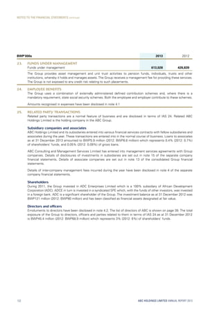 BWP’000s 2013 2012
23. FUNDS UNDER MANAGEMENT
Funds under management 613,028 426,839
The Group provides asset management and unit trust activities to pension funds, individuals, trusts and other
institutions, whereby it holds and manages assets. The Group receives a management fee for providing these services.
The Group is not exposed to any credit risk relating to such placements.
24. EMPLOYEE BENEFITS
The Group uses a combination of externally administered defined contribution schemes and, where there is a
mandatory requirement, state social security schemes. Both the employee and employer contribute to these schemes.
Amounts recognised in expenses have been disclosed in note 4.1
25. RELATED PARTY TRANSACTIONS
Related party transactions are a normal feature of business and are disclosed in terms of IAS 24. Related ABC
Holdings Limited is the holding company in the ABC Group.
Subsidiary companies and associates
ABC Holdings Limited and its subsidiaries entered into various financial services contracts with fellow subsidiaries and
associates during the year. These transactions are entered into in the normal course of business. Loans to associates
as at 31 December 2013 amounted to BWP5.9 million (2012: BWP8.6 million) which represents 0.4% (2012: 0.7%)
of shareholders’ funds, and 0.05% (2012: 0.09%) of gross loans.
ABC Consulting and Management Services Limited has entered into management services agreements with Group
companies. Details of disclosures of investments in subsidiaries are set out in note 15 of the separate company
financial statements. Details of associate companies are set out in note 13 of the consolidated Group financial
statements.
Details of inter-company management fees incurred during the year have been disclosed in note 4 of the separate
company financial statements.
Shareholders
During 2011, the Group invested in ADC Enterprises Limited which is a 100% subsidiary of African Development
Corporation (ADC). ADCE in turn is invested in a syndicated SPE which, with the funds of other investors, was invested
in a foreign bank. ADC is a significant shareholder of the Group. The investment balance as at 31 December 2012 was
BWP121 million (2012: BWP80 million) and has been classified as financial assets designated at fair value.
Directors and officers
Emoluments to directors have been disclosed in note 4.2. The list of directors of ABC is shown on page 39. The total
exposure of the Group to directors, officers and parties related to them in terms of IAS 24 as at 31 December 2012
is BWP45.4 million (2012: BWP68.9 million) which represents 3% (2012: 6%) of shareholders’ funds.
ABC HOLDINGS LIMITED ANNUAL REPORT 2013122
NOTES TO THE FINANCIAL STATEMENTS continued
 
