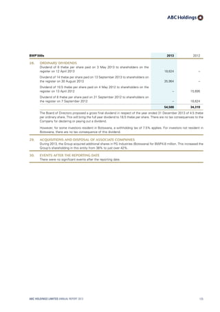 BWP’000s 2013 2012
28. ORDINARY DIVIDENDS
Dividend of 8 thebe per share paid on 3 May 2013 to shareholders on the
register on 12 April 2013 18,624 –
Dividend of 14 thebe per share paid on 13 September 2013 to shareholders on
the register on 30 August 2013 35,964 –
Dividend of 10.5 thebe per share paid on 4 May 2012 to shareholders on the
register on 13 April 2012 – 15,695
Dividend of 8 thebe per share paid on 21 September 2012 to shareholders on
the register on 7 September 2012 – 18,624
54,588 34,319
The Board of Directors proposed a gross final dividend in respect of the year ended 31 December 2013 of 4.5 thebe
per ordinary share. This will bring the full year dividend to 18.5 thebe per share. There are no tax consequences to the
Company for declaring or paying out a dividend.
However, for some investors resident in Botswana, a withholding tax of 7.5% applies. For investors not resident in
Botswana, there are no tax consequence of this dividend.
29. ACQUISITIONS AND DISPOSAL OF ASSOCIATE COMPANIES
During 2013, the Group acquired additional shares in PG Industries (Botswana) for BWP4.8 million. This increased the
Group’s shareholding in this entity from 38% to just over 42%.
30. EVENTS AFTER THE REPORTING DATE
There were no significant events after the reporting date.
ABC HOLDINGS LIMITED ANNUAL REPORT 2013 125
 