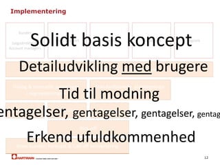 11
Implementering
Kunder
Salgsdirektører
Account managers
Sales Support Planning Produktion Logistik
ABC koder i ERP stamdata  Kunde + Vare
Standardiserede planlægnings-
værktøjer
Dialog & manuelle justeringer
i segmenteringen
TræningTræningItalesættelse…
Kick-off
Store kunder: Forecast & Call-off konvertering
 