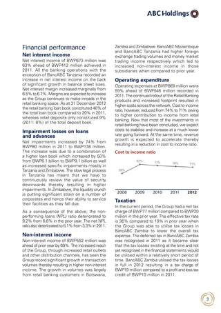 3
Financial performance
Net interest income
Net interest income of BWP673 million was
63% ahead of BWP412 million achieved in
2011. All the banking operations with the
exception of BancABC Tanzania recorded an
increase in net interest income on the back
of significant growth in balance sheet sizes.
Net interest margin increased marginally from
6.5% to 6.7%. Margins are expected to increase
as the Group continues to make inroads in the
retail banking space. As at 31 December 2012
the retail banking loan book constituted 40% of
the total loan book compared to 20% in 2011,
whereas retail deposits only constituted 9%
(2011: 8%) of the total deposit book.
Impairment losses on loans
and advances
Net impairments increased by 74% from
BWP80 million in 2011 to BWP138 million.
The increase was due to a combination of
a higher loan book which increased by 50%
from BWP6.1 billion to BWP9.1 billion as well
as increased specific impairments mostly in
Tanzania and Zimbabwe. The slow legal process
in Tanzania has meant that we have to
continuously review the value of security
downwards thereby resulting in higher
impairments. In Zimbabwe, the liquidity crunch
is putting significant strain on a number of
corporates and hence their ability to service
their facilities as they fall due.
As a consequence of the above, the non-
performing loans (NPL) ratio deteriorated to
9.2% from 6.6% in the prior year. The net NPL
ratio also deteriorated to 6.1% from 3.3% in 2011.
Non-interest income
Non-interest income of BWP552 million was
ahead of prior year by 69%. The increased reach
of the Group, through increased retail outlets
and other distribution channels, has seen the
Group record significant growth in transaction
volumes thereby resulting in higher non-interest
income. The growth in volumes was largely
from retail banking customers in Botswana,
Zambia and Zimbabwe. BancABC Mozambique
and BancABC Tanzania had higher foreign
exchange trading volumes and money market
trading income respectively which led to
increased non-interest income in those
subsidiaries when compared to prior year.
Operating expenditure
Operating expenses at BWP869 million were
59% ahead of BWP546 million recorded in
2011. The continued rollout of the Retail Banking
products and increased footprint resulted in
higher costs across the network. Cost to income
ratio, however, reduced from 74% to 71% owing
to higher contribution to income from retail
banking. Now that most of the investments in
retail banking have been concluded, we expect
costs to stabilise and increase at a much lower
rate going forward. At the same time, revenue
growth is expected to accelerate thereby
resulting in a reduction in cost to income ratio.
Cost to income ratio
Taxation
In the current period, the Group had a net tax
charge of BWP77 million compared to BWP20
million in the prior year. The effective tax rate
is 36% compared to 19% in prior year when
the Group was able to utilise tax losses in
BancABC Zambia to lower the overall tax
expense. The deferred tax in BancABC Zambia
was recognised in 2011 as it became clear
that the tax losses existing at the time and not
yet recognised in the financial statements would
be utilised within a relatively short period of
time. BancABC Zambia utilised the tax losses
in full in 2012 resulting in a tax charge of
BWP19 million compared to a profit and loss tax
credit of BWP10 million in 2011.
 
