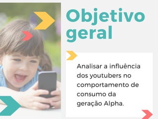 Objetivo
geral
Analisar a influência
dos youtubers no
comportamento de
consumo da
geração Alpha.
 