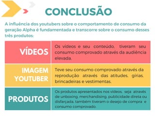 Os produtos apresentados nos vídeos,  seja  através
de unboxing, merchandising, publicidade direta ou
disfarçada, também tiveram o desejo de compra  e
consumo comprovado.
Teve seu consumo comprovado através da
reprodução   através   das  atitudes,   gírias,
brincadeiras e vestimentas.
Os  vídeos  e  seu   conteúdo,    tiveram   seu
consumo comprovado através da audiência
elevada.
 