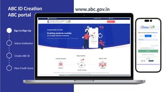 ABC ID Creation
ABC portal
View Credit Score
Sign In/Sign Up
Select Institution
www.abc.gov.in
Create ABC ID
 