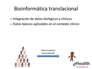 Bioinformática translacional
– Integración de datos biológicos y clínicos
– Datos básicos aplicables en el contexto clínico
Hacia medicina
personalizada
 