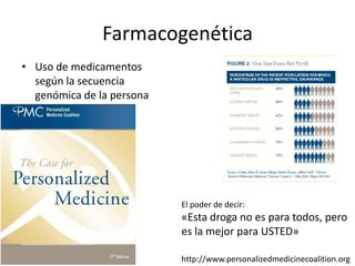Farmacogenética
• Uso de medicamentos
según la secuencia
genómica de la persona
http://www.personalizedmedicinecoalition.org
El poder de decir:
«Esta droga no es para todos, pero
es la mejor para USTED»
 