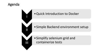 Agenda
I
•Quick Introduction to Docker
II
•Simple Backend environment setup
III
•Simplify selenium grid and
containerize tests
 