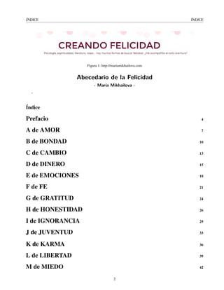 ÍNDICE ÍNDICE
Figura 1: http://mariamikhailova.com
Abecedario de la Felicidad
- María Mikhailova -
-
Índice
Prefacio 4
A de AMOR 7
B de BONDAD 10
C de CAMBIO 13
D de DINERO 15
E de EMOCIONES 18
F de FE 21
G de GRATITUD 24
H de HONESTIDAD 26
I de IGNORANCIA 29
J de JUVENTUD 33
K de KARMA 36
L de LIBERTAD 39
M de MIEDO 42
2
 