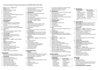 Grupo de Facebook: Preguntas Tipo Admisión (UNMSM-UNAC-UNFV-UNI)
 género: narrativo especie: novela
 espacio: Saumur
 estructura: 6 partes y un epílogo
 narrador omnisciente
 narración lineal
 descripción minuciosa
 profundidad en los caracteres (exageración hasta lo
grotesco o lo ideal)
 interés por personajes marginados
 intriga simple y verosímil
 estilo clásico y sobrio
 Fedor Dostoiesvky
 características:
• considerado padre de la novela psicológica
• profundo análisis de la subjetividad de los
personajes
• tendencia a lo dramático (uso de diálogo)
• preocupaciones morales y religiosas (mesianismo)
• autobiográfico
 obras:
Los hermanos Karamazov, El jugador, El idiota,
Pobres gentes, Los posesos
 Crimen y castigo
• tema principal: el crimen y la redención
• temas secundarios: la pobreza, la usura, la
prostitución, la muerte
• características:
 género: narrativo especie: novela psicológica o
policial
 espacio: San Petersburgo
 estructura: 6 partes y un epílogo
 narrador omnisciente
 narración lineal
 inserción de historias secundarias
 profundidad psicológica de sus personajes
 ambientes y personajes sórdidos
 uso de la intriga
 empleo de elementos melodramáticos
VANGUARDISMO
Movimiento de renovación cultural del s. XX. Se
desarrolla entre las dos grandes guerras mundiales.
I. Características:
 aparición de distintos ismos:
 Futurismo (Filipo Tomaso Marinetti)
 Dadaísmo (Tristán Tzara)
 Surrealismo (André Bretón)
 Expresionismo (Franz Kafka)
 Existencialismo( Jean Paul Sartré)
 Cubismo (Guillaume Apollinaire)
 visión universal e histórica del hombre
 niegan toda la tradición literaria anterior
 aborda temas diversos
 innovaciones técnicas: monólogo interior,
perspectiva múltiple, atemporalidad
II. Representantes:
 Marcel Proust: En busca del tiempo perdido
 Albert Camus: El extranjero
 Jean Paul Sartré: La náusea
 James Joyce: Ulisses
 Luigi Pirandello: Seis personajes en busca de autor
 Hermann Hesse: El lobo estepario
 Thomas Mann: Muerte en Venecia
 Franz Kafka
 características:
• influencia de Kleist, Dickens, Flaubert, Chéjov
• máximo representante del Expresionismo
• desarrolla la teoría del absurdo
• autobiográfico
 obras:
El castillo, El proceso, América, La metamorfosis
 La metamorfosis
• tema principal: la deshumanización del hombre
• temas secundarios: el autoritarismo, la rutina, la
marginación, lo diferente, la incomunicación, la
explotación
• características:
 género: narrativo especie: novela corta/cuento
largo
 narrador omnisciente
 narración lineal
 hechos grotescos y cómicos
 uso de simbologías: padre/autoritarismo,
madre/sumisión, director/explotación,
manzana/pecado original
 descripciones realistas
 datos autobiográficos
LA GENERACIÓN PERDIDA
I. Contexto:
 Primera Guerra Mundial
Movimiento literario estadounidense conformado
por jóvenes escritores erradicados en Europa
durante el periodo de Entreguerras.
II. Características:
 actitud anárquica
 objetivismo extremo (estilo periodístico, realismo
crudo)
 apego por lo urbano
 predilección por la narrativa
 escepticismo
 individualismo
 uso de técnicas vanguardistas (monólogo interior,
atemporalidad, perspectiva múltiple)
 significación de la vida y la muerte
III. Representantes:
 William Faulkner: El sonido y la furia (Premio Nobel
de Literatura 1949)
 John Dos Passos: Manhattan Transfer
 Scott Fizgerald: El gran Gastby
 John Steinbeck: Las uvas de la ira (Premio Nobel de
Literatura 1962)
 Henry Miller: Trópico de Cáncer
 Ernest Hemingway
 características:
• Premio Nobel de Literatura 1954
• autobiográfico
• estilo periodístico
• relación aprendiz-maestro
 obras:
Fiesta, ¿Por quién doblan las campanas?, Adiós a
las armas
 El viejo y el mar
• tema principal: la perseverancia
• temas secundarios: la esperanza, la crueldad, la
lucha contra la naturaleza, la soledad, la libertad, la
muerte
• características:
 género: narrativo especie: novela
 espacio: Cuba
 narración lineal
 narrador omnisciente
 lenguaje cotidiano (dialectalismos)
 predomina la acción (escasas descripciones)
 uso del monólogo interior
 oposiciones: vida/ muerte, belleza/ violencia
 referencias religiosas: 40 días en el mar (tentación
de Cristo), 3 días de lucha con el pez (Resurrección),
7 tiburones (pecados capitales)
 empleo de símbolos: pez/naturaleza,
tiburones/aprovechamiento, Manolín/solidaridad
MEDIOEVO ESPAÑOL
Comprende la literatura oral y escrita desarrollada
en España desde el s. XII hasta el s. XV.
I. Características:
ester de juglaría ester de clarecía
temas heroicos o
amorosos
finalidad lúdica
lengua romance
estilo popular
métrica irregular
temas religiosos o
morales
finalidad didáctica
lengua latina
estilo culto
cuaderna vía
II. Representantes:
ester de juglaría ester de clerecía
Jarchas
(juglar de San Esteban
de Gormaz-1110 ;
juglar de Medinacelli-
1140: elementos
fantásticos y Per Abat-
1307) El cantar de Mío
Cid
Gonzalo de Berceo:
Los milagros de
Nuestra Señora
Don Juan Manuel: El
conde Lucanor
Juan Ruiz: El libro de
buen amor
III. Cantar de Mío Cid
 tema principal: la pérdida y recuperación del honor
 temas secundarios: el ascenso social, la Guerra
Santa, la familia, el enfrentamiento entre el linaje y
la nueva nobleza
 características:
 género: épico especie: cantar de gesta
 estructura: tres cantares: El destierro, Las bodas de
las hijas del Cid y La afrenta de Corpes
 métrica irregular y rima asonante
 presenta hemistiquios y series gemelas
 uso de epítetos: el que en buena hora nació, el de la
luenga barba
 tono realista
 pocos elementos fantásticos: sueño con el ángel,
escape del león
IV. Jorge Manrique
 Coplas por la muerte de su padre
 tema principal: la fugacidad de la vida
 temas secundarios: la añoranza del pasado, la
igualdad ante la muerte, la fama
 características:
 género: lírico especie: elegía
 estructura: 40 coplas (17 dedicadas al elogio de su
padre, 23 al dolor individual y universal)
 emplea la copla de pie quebrado (8-8-4)
 lenguaje culto
 estilo sentencioso y cortante
 referencias cristianas e históricas
 uso de metáforas y comparaciones
EDAD DE ORO
 Contexto:
 Renacimiento tardío
 Colonización de la Indias
Se conoce así a la época renacentista y barroca que,
debido a la calidad y cantidad de autores, recibe el
nombre de Edad de Oro.
I. Características de la lírica renacentista:
 
