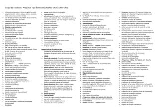 Grupo de Facebook: Preguntas Tipo Admisión (UNMSM-UNAC-UNFV-UNI)
 influencia petrarquista y clásica (Virgilio, Horacio)
 adaptación de la métrica italiana: soneto, estancia,
silva, octava real, canción, terceto
 uso de tópicos latinos: carpe diem, locus amoenus,
ubi sunt?, beatus ille, sic transit
 referencia mitológicas
 idealización de la naturaleza la naturaleza
 predilección por el tema amoroso
II. Escuelas y representantes:
 Escuela italiana:
 Juan Boscán: Hero y Leandro
 Garcilaso de la Vega: Églogas
 perfección del soneto italiano
 Escuela sevillana:
 Fernando de Herrera: Oda a la batalla de Lepanto
 nacionalista
 tendencia popular
 Escuela salmantina:
 Santa Teresa de Jesús: Las moradas
 San Juan de la Cruz: Llama de amor viva
 Fray Luis de León: Odas, La perfecta casada, El libro
de Job, El cantar de los cantares
 tendencia ascética y mítica
 finalidad didáctica
 sentido alegórico
III. El cantar de los cantares
 temas: el amor, el erotismo
 características:
• género: lírico especie: epitalamio
• estructura: 1 prólogo y ocho capítulos
• poema dialogado (esposo-esposa)
• referencias bíblicas e históricas
• sentido alegórico y político
• abundantes comparaciones naturales
• empleo de repeticiones
IV. Características de la lírica barroca:
 Se opone al equilibrio renacentista
 propone una complejidad fondo/forma
 marcado desengaño
 impresiones violentas
 contraste
 retorcimiento de la expresión
 afán de trascendencia
 idea de movimiento (inestabilidad)
 Escuela culterana:
 Luis de Góngora:
 complejidad formal
 lenguaje culto
 uso de hipérbatos y metáforas complicadas
(artificiosidad)
 Soledades
• temas: amor doliente, desengaño
• características:
 estructura: planificada en 4 partes (soledad del
campo, soledad de la ribera, soledad de las selvas y
soledad del yermo). Solo está íntegra la primera y
parte de la segunda
 compuesta en silvas
 pictórico y panorámico
 gusto por lo sensorial
 anécdota sencilla
 uso de coros
 mitología rebuscada
 empleo de hipérbatos, perífrasis, neologismos y
arcaísmos, latinismos
 Escuela conceptista:
 Francisco de Quevedo: Las nueve musas
 complejidad en el fondo
 asociación compleja de ideas
 lenguaje popular
NARRATIVA EN LA EDAD DE ORO
Comprende la consolidación de la novela que, al
desligarse del género épico, se bifurca en distintas
ramas.
I. Clases:
 Novela de caballería.- Transformación de los
poemas épicos medioevales que narra la lucha de
caballeros contra monstruos, encantadores y otros
caballeros por amor a una dama: Amadís de Gaula,
Palmerín de Oliva, Tirante el Blanco.
 Novela pastoril.- Narra las cuitas amorosas de
pastores. Presenta escasa acción y abundantes
descripciones naturales: Diana (Jorge de
Montemayor), la Arcadia (Lope de Vega), la Galatea
(Miguel de Cervantes).
 Novela morisca.- Idealización de la figura del moro.
La acción transcurre dentro de un ambiente lujoso y
colorido: La historia de Abencerraje y de la hermosa
Jarifa, La gitanilla (Miguel de Cervantes).
 Novela bizantina.- Narra viajes y aventuras que
tienen como centro una intriga amorosa: Los
trabajos de Persiles y Segismunda (Miguel de
Cervantes), El peregrino en su patria (Lope de
Vega).
II. Novela picaresca
 Características:
 novela de origen español (tendencia realista)
 usa la forma autobiográfica
 sátira de aventuras y desventuras
 articulada de manera episódica
 aparición del pícaro (antihéroe) como elemento
unificador
 las “hazañas” son ridículas, cómicas y hasta
grotescas
 novela de aprendizaje a la inversa
 marcado acento moralizador
 Representantes:
 Guzmán de Alfarache (Mateo Alemán)
 La pícara Justina (López de Ubeda)
 La vida del buscón don Pablos (Francisco de
Quevedo)
 Rinconete y Cortadillo (Miguel de Cervantes)
 Vida de Lazarillo de Tormes y de sus fortunas y
adversidades
 tema principal: la honra y la pobreza
 temas secundarios: crítica al clero, la violencia, la
venganza
 características:
 género: narrativo especie: novela picaresca
 estructura: un prólogo y siete tratados
 contexto: Salamanca y Toledo
 Lázaro llega a servir a nueve amos: ciego, clérigo,
escudero, fraile mercedario, buldero, artesano,
capellán, alguacil, arcipreste de San Salvador
 los personajes simbolizan ciertos tópicos:
ciego/astucia, clérigo/avaricia, escudero/hipocresía,
buldero/estafa
 falta de línea argumental
 crítica a ciertos sectores de la sociedad: clero,
nobleza.
 marcado optimismo
 presenta interpolaciones apócrifas
 forma epistolar
III. Miguel de Cervantes Saavedra
 Obras
 poesía: Viaje al Parnaso
 teatro: La Numancia, comedias, entremeses
 novela: La Galatea, Los trabajos de Persiles y
Segismunda, novelas ejemplares (Rinconete y
Cortadillo, La gitanilla, El licenciado Vidriera, El
celoso extremeño, La ilustre fregona)
 Características:
 conocido como el Manco de Lepanto
 nacionalismo
 didactismo
 gran manejo del castellano
 El ingenioso hidalgo don Quijote de la Mancha
 Tema: lucha entre el idealismo y el materialismo
 Características:
 Género: narrativo especie: novela
 Estructura: dos partes (El ingenioso hidalgo don
Quijote de la Mancha, El ingenioso caballero don
Quijote de la Mancha)
 contexto: tierras de España
 parodia las novelas de caballería
 introduce un falso autor: Cide Hamete Benengeli
 uso de varios registros lingüísticos: coloquial,
señorial y narrativo (estilo cervantino)
 utiliza la novela dentro de la novela (El curioso
impertinente)
 inserta distintos tipos de novelas: pastoril (historia
de Grisóstomo y Marcela), pícara (la aventura de los
galeotes), morisca (historia del cautivo)
 mezcla los géneros: narrativo, lírico (poemas a
Dulcinea, don Quijote, Rocinante en el prólogo e
inserción de versos en la historia) y dramático
(estilo dialogado)
 presenta errores lógicos (robo del asno de Sancho)
 recapitulación o resúmenes periódicos
 presenta elementos barrocos: el contraste
(Sancho/don Quijote), lo grotesco (el bálsamo de
Fierabrás)
 abundancia y variedad de personajes
 uso de la sátira y la ironía
 evolución de los personajes
 elementos autobiográficos
 El ingenioso hidalgo don Quijote de la Mancha
 primera salida:
 don Quijote es armado caballero
 la aventura de Andrés y Juan Haldudo, el rico
 la aventura con los mercaderes toledanos
 desdoblamientos (Valdovinos, Reynaldo de
Montalbán)
 escrutinio de los libros
 segunda salida
 la aventura de los molinos de viento
 la aventura del vizcaíno
 historia de Grisóstomo y Marcela
 el bálsamo de Fierabrás/Maritornes
 la batalla de las ovejas (Alifanfarón y Pentapolín)
 los 20 encamisados (el caballero de la triste figura)
 la aventura de los batanes
 el yelmo de Mambrino
 la aventura de los galeotes (Ginés de Pasamonte)
 historia de Cardenio y Luscinda)
 penitencia de don Quijote
 la princesa Micomicona
 El curioso impertinente
 los cueros de vino
 historia del cautivo
 regreso del Quijote a la Mancha
 