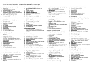 Grupo de Facebook: Preguntas Tipo Admisión (UNMSM-UNAC-UNFV-UNI)
• teoría colonialista (Luis Alberto Sánchez)
 desenlace feliz
 empleo del gracioso (Piquichaqui)
 división enescenas y actos
 términos y giros de influencia española: asnuta
(animal llegado con la Conquista), cadena de hierro
(metal no conocido en el Tawantinsuyo)
• teoría ecléctica (José de la Riva-Agüero)
 origen incaico (rebelión de Ollanta)
 estructura colonial
 tema: el poder imperial
 características:
 género: dramático especie: drama
 estructura: 3 actos
 multitud de escenarios (15)
 predominio del octosílabo
 rima asonante
 uso de coros
 no respeta las unidades aristotélicas
 diálogos ágiles
 lenguaje poético
 personajes aristócratas
 uso del gracioso (Piquichaqui)
LITERATURA DE LA INVASIÓN
 Contexto:
 inicio de la transculturación
 imposición del castellano
 subyugación de la cultura inca
Comprende la literatura desarrollada durante el
proceso de Invasión Española y la transición a una
nueva sociedad.
I. Características:
 influencia del providencialismo
 carácter testimonial
 transculturación
 mezcla de mitos e historia
 vertiente culta y popular
 uso de coplas, romances y crónicas
II. Representantes:
 españoles
 Pedro Cieza de León: El señorío de los Incas
 Juan de Betanzos: Suma y narración de los Incas
 indios
 Felipe Guzmán Poma de Ayala: Nueva corónica y
buen gobierno de los Incas
 Juan Santa Cruz Pachacuti: Relaciones de
antigüedades de los Incas
 mestizos
 Cristóbal de Molina: Relación de las fabulas y ritos
de los Incas
 Blas Valera: La historia de los incas
 Inca Garcilaso de la Vega (Gomes Suárez de
Figueroa)
 formación humanista
 estilo culto y refinado
 Comentarios reales de los Incas
• tema: El Imperio Incaico y la Conquista
• características:
 género: narrativo especie: crónica
 estructura: Comentarios reales de los incas
(dedicado a su madre) y Historia general del Perú
(dedicado a su padre)
 espacio: Perú prehispánico e hispánico
 se propone corregir a otros cronistas
 mezcla de historia y ficción
 exotismo
 referencias cristianas
 visión parcializada del Incanato y la Conquista
 tono elegíaco y épico
LITERATURA DE LA COLONIA
Comprende la literatura desarrollada desde el
establecimiento del Virreinato hasta la rebelión de
Túpac Amaru II.
I. Características:
 falta de originalidad
 cortesana, insincera y retórica
 ausencia de obras de imaginación
 abundancia de poetas mediocres
 relevancia del género epistolar y el periodismo
II. Etapas y representantes:
 etapa clásica:
 influencia renacentista: Fray Luis de León, Garcilaso
 uso de coplas, romances y crónicas
 cronistas españoles
• Pedro Cieza de León: El señorío de los incas
• Juan de Betanzos: Suma y narración de los incas
 cronistas indígenas
• Felipe Huamán Poma de Ayala: Nueva corónica y
buen gobierno de los incas
• Juan Santa Cruz Pachacuti: Relaciones de
antigüedades de los incas
 cronistas mestizos
• Cristóbal de Molina: Relación de las fábulas y ritos
de los incas
• Inca Garcilaso de la Vega (Gomes Suárez de
Figueroa): Comentarios reales de los incas
 Diego de Hojeda: La Cristiada
• Amarilis (María Rojas Garay): Epístola a Belardo
 etapa barroca:
• Juan Espinoza Medrano, el Lunarejo: Apologético a
favor de don Luis de Góngora
• Juan del Valle Caviedes: Diente del Parnaso
 etapa neoclásica:
 Pedro Peralta Barnuevo, Dóctor Océano: Lima
fundada
 Concolorcorvo (Alonso Carrió de la Vandero): El
Lazarillo de ciegos caminantes
III. Amarilis
 Epístola a Belardo
• tema principal: el amor platónico
• características:
 género: lirico especie: epístola
 estructura: 18 estrofas de 18 versos y 1 de 11
versos
 compuesta en silvas
 publicada dentro de la obra La Filomena de Lope de
Vega
 estilo elegante y dulce
 lenguaje culto
 presenta elementos autobiográficos
LITERATURA DE LA EMANCIPACIÓN
Comprende la literatura desarrollada entre la
rebelión de Túpac Amaru II (1780) y la reacción
contra la dictadura de Bolívar (1827).
I. Características:
 fin político
 revaloración de lo indígena
 influencia neoclásica y romántica
 carácter clasista (tendencias culta y popular)
 relevancia del género epistolar y el periodismo
II. Representantes:
 Juan Pablo Vizcardo y Guzmán: Carta a los
españoles americanos
 Faustino Sánchez Carrión: Cartas del solitario Sayán
 José Joaquín Olmedo: Oda a la victoria de Junín
 Mariano Melgar
 carácterísticas:
 prerromántico
 representa la poética mestiza (yaravíes)
 exalta el patriotismo (odas)
 tono didáctico y clasista (fábulas)
 traduce el Arte de olvidar de Ovidio
 Yaravíes
• tema principal: el desengaño amoroso
• temas secundarios: el olvido, la infidelidad
• características:
 género: lirico especie: elegía
 71 yaravíes
 proviene de harawi quechua (urpi)
 tendencia romántica (carácter intimista)
 predilección por el octosílabo
 uso de estribillos
 rima consonante
 lenguaje sencillo
 acento popular
 sintetiza la poesía indígena e hispana
 comparación mujer/paloma (urpi)
EL COSTUMBRISMO
Movimiento literario limeño, desarrollado entre el
derrocamiento de Bolívar y el primer gobierno de
Castilla, que buscó retratar y satirizar las
costumbres de la época.
I. Características:
 descripción de usos y costumbres
 actitud crítica violenta
 fin didáctico
 preferencia por el presente
 satírico y realista
 usa la sátira, letrilla, teatro y periodismo
 refleja la pugna entre lo aristocrático y lo criollo
II. Representantes:
 Abelardo Gamarra, el Tunante: La Ciudad de los
pelagatos
 Manuel Ascencio Segura
 características:
 Padre del Teatro Nacional
 Representante del criollismo
 desarrolla la lírica, el periodismo y el teatro
 obras: El sargento Canuto, La mozamala, La saya y
el manto, Las tres viudas, El santo de Panchita
 Ña Catita
• tema: el interés y la hipocresía
• características:
 género: dramático especie: comedia costumbrista
 estructura: 4 actos
 temas cotidianos
 intriga sencilla
 crítica risueña, amable e indulgente
 diálogos ágiles y graciosos
 uso de limeñismos
 personajes típicos y caricaturescos
 tono jocoso y sentencioso
 inserción de monólogos
 versos octosílabos y rima asonante
 uso del deus ex machina
 semejanzas con La Celestina y El sí de las niñas
 Felipe Pardo y Aliaga
• obras: “El paseo a Amancaes”
• características:
 
