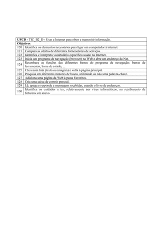 UFCD - TIC_B2_D - Usar a Internet para obter e transmitir informação.
Objetivos
120 Identifica os elementos necessários para ligar um computador à internet.
121 Compara as ofertas de diferentes fornecedores de serviços.
122 Identifica e interpreta vocabulário específico usado na Internet.
123 Inicia um programa de navegação (browser) na Web e abre um endereço da Net.
Reconhece as funções das diferentes barras do programa de navegação: barras de
124
ferramentas, barra de estado, ...
125 Clica num link (texto ou imagem) e volta à página principal.
126 Pesquisa em diferentes motores de busca, utilizando ou não uma palavra-chave.
127 Adiciona uma página da Web à pasta Favoritos.
128 Cria uma caixa de correio pessoal.
129 Lê, apaga e responde a mensagens recebidas, usando o livro de endereços.
Identifica os cuidados a ter, relativamente aos vírus informáticos, no recebimento de
130
ficheiros em anexo.

 
