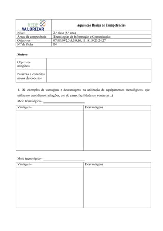 Aquisição Básica de Competências
Nível:
Áreas de competência
Objetivos
N.º da ficha

2.º ciclo (6.º ano)
Tecnologias de Informação e Comunicação
97,98,99/2,3,4,5,9,10,11,18,19,23,24,27
14

Síntese
Objetivos
atingidos
Palavras e conceitos
novos descobertos

1- Dê exemplos de vantagens e desvantagens na utilização de equipamentos tecnológicos, que
utiliza no quotidiano (radiações, uso do carro, facilidade em contactar...)
Meio tecnológico - _________________________
Vantagens

Desvantagens

Meio tecnológico - _________________________
Vantagens

Desvantagens

 