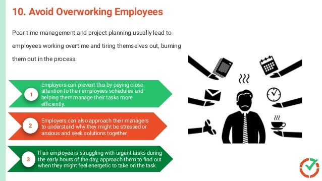 Poor time management and project planning usually lead to
employees working overtime and tiring themselves out, burning
them out in the process.
10. Avoid Overworking Employees
This activates the shipment process.
The customer receives the product.
The order is closed.
T
Customer orders a product or a
service.
Want to determine how long it should take to
complete each activity.
Accounting for work capacity and delegating
tasks eﬃciently will help boost quality
management and work productivity.
1
2
Employers can prevent this by paying close
attention to their employees schedules and
helping them manage their tasks more
eﬃciently.
Employers can also approach their managers
to understand why they might be stressed or
anxious and seek solutions together
3
If an employee is struggling with urgent tasks during
the early hours of the day, approach them to ﬁnd out
when they might feel energetic to take on the task.
 