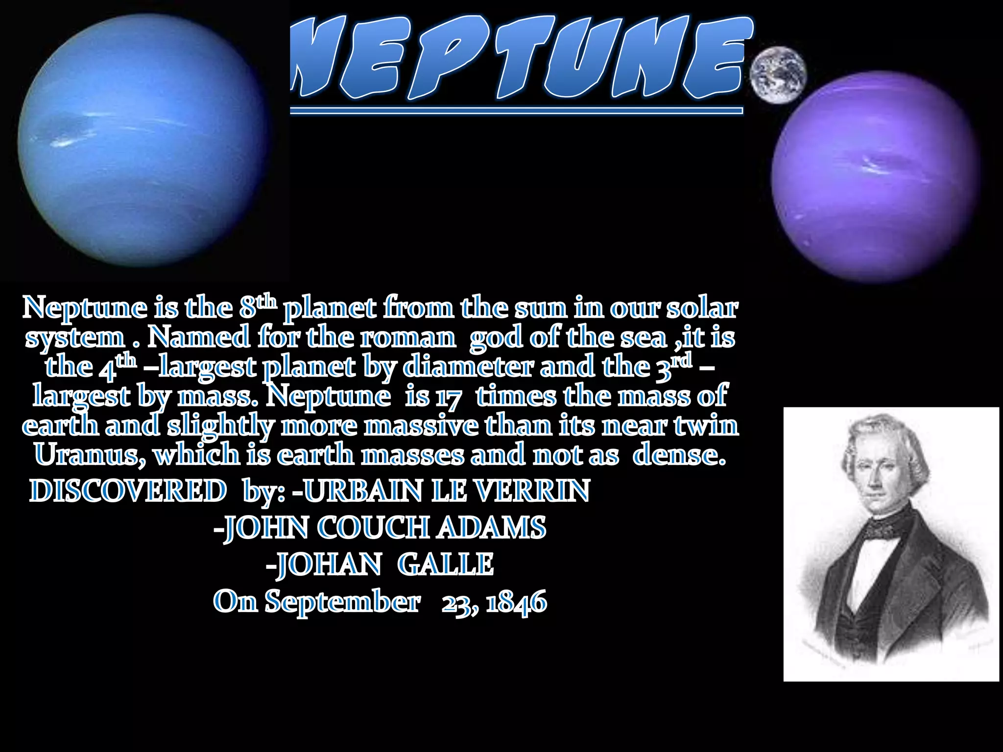 UranusUranus is the seventh planet from the sun , and the third planet from largest and forth most massive planet in the solar system . It  is named after  the ancient  Greek deity of  the sky Uranus  the father of Saturn  and grand father of Jupiter . Uranus was the first  planet  discovered with a telescope. Uranus  atmosphere  while similar  to Jupiter ’s and Saturn's  in being composed primarily  of hydrogen and helium contains a higher  proportion of “ices” such as   water  ammonia and methane, along with taxes of hydrocarbons.