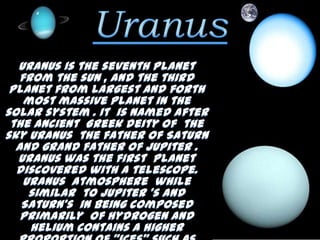 JupiterJupiter is the fifth planet from the sun and the largest planet with in the solar system. It is a gas giant with a mass slightly less than but is two and a half times mass of the others planets in our solar system  combined. Jupiter  is classified as a gas giant along with Saturn, Uranus and Neptune. Together, there four planets are sometimes referred to as the Jovian planets. The Romans named the planet after the roman god Jupiter . When viewed  from earth ,Jupiter can reach an apparent  magnitude of -2.94, making it on average the third –brightest object in the night sky after moon and venues. Jupiter primarily composed of hydrogen with a quarter of its  mass being helium, it may  also have a rocky core of heavier elements. Because of its rapid rotation, Jupiter's shape  is that of  an  oblate spheroid (it possesses a slight but noticeable  bulge around the equator)