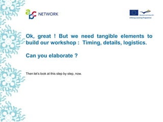 Ok, great ! But we need tangible elements to
build our workshop : Timing, details, logistics.

Can you elaborate ?


Then let’s look at this step by step, now.
 