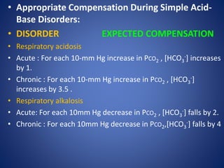 • Appropriate Compensation During Simple Acid-
Base Disorders:
• DISORDER EXPECTED COMPENSATION
• Respiratory acidosis
• Acute : For each 10-mm Hg increase in PCO2 , [HCO3
-] increases
by 1.
• Chronic : For each 10-mm Hg increase in PCO2 , [HCO3
-]
increases by 3.5 .
• Respiratory alkalosis
• Acute: For each 10mm Hg decrease in PCO2 , [HCO3
-] falls by 2.
• Chronic : For each 10mm Hg decrease in PCO2,[HCO3
-] falls by 4
 