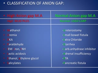 • CLASSIFICATION OF ANION GAP:
• High Anion gap M.A Normal Anion gap M.A
High MUD PILES Normal USED CARP
• Methanol -Ureterostomy
• Uremia -Small bowel fistula
• DKA -Extra Chloride
• Paraldehyde -Diarrhea
• IEM, Iron, INH -Carb.anhydrase inhibitor
• Lactic acidosis -Adrenal insufficiency
• Ethanol, ethylene glycol -RTA
• Salicylates -Pancreatic fistula
 