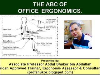 THE ABC OF
OFFICE ERGONOMICS.
Presented by:
Associate Professor Abdul Shukor bin Abdullah
Niosh Approved Trainer, Ergonomis Assessor & Consultan
(profshukor.blogspot.com)
 